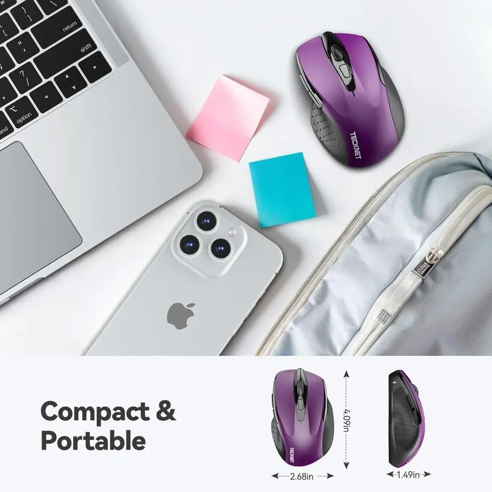 TECKNET Ergonomic 2.4G Wireless Mouse 2600 DPI 6-Button Computer PC Laptop Purpl
